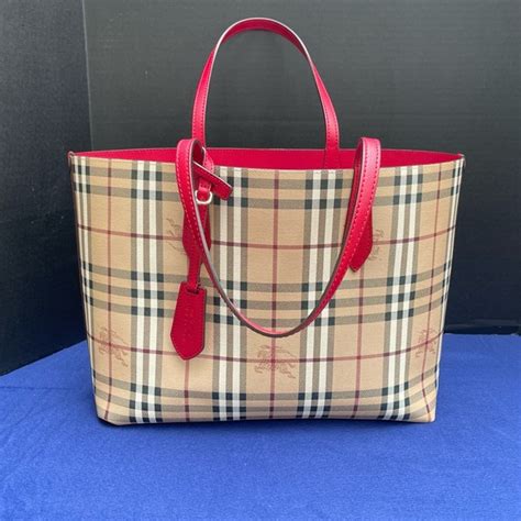 burberry haymarket colours check leather reverse tote red|Burberry haymarket check tote sale.